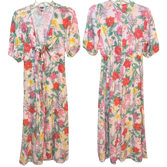 Old Navy Linen Floral Cottagecore Puff Sleeve Cut Out Midi Dress Size Medium - Picture 2 of 11